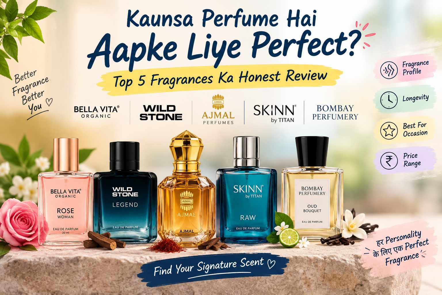 Bella Vita Organic Perfume Review, Wild Stone Perfume Review, Ajmal, SKINN by Titan Perfume Review, Bombay Perfumery Perfume Review